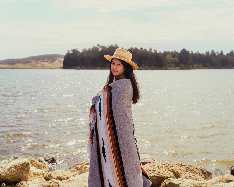 Open Road Goods Heather Gray Mexican Yoga Blanket - Thick Grey Diamond Blanket with Camel, Tan Brown, & Rust Orange Red Clay Stripes - Image 3